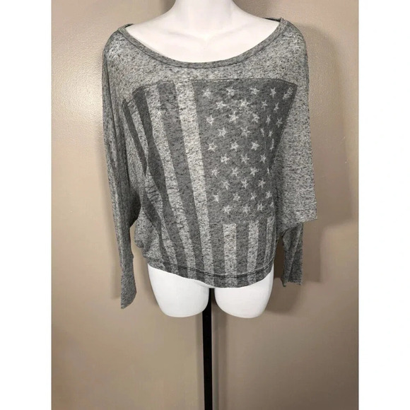 Brandy Melville VINTAGE American Flag Eagle Gray Long Sleeve Crop Top - Picture 1 of 6